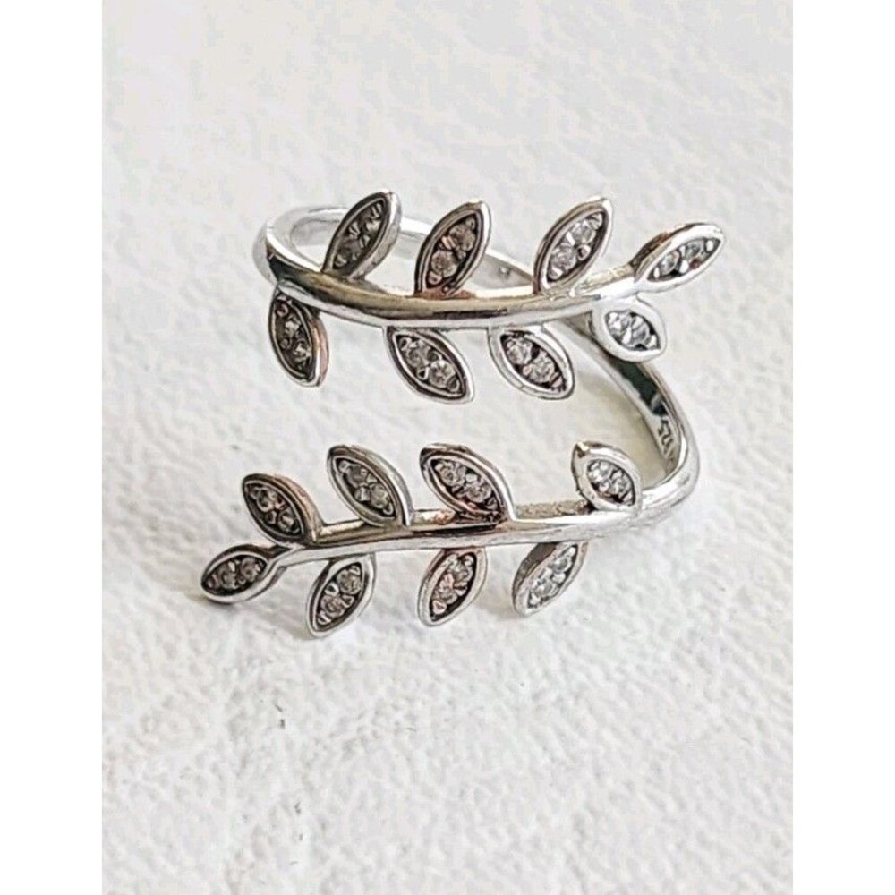 Vintage Adjustable Ring Size 9 Sterling 925 IBB CN Floral Vine Leaf Bi-Pass CZs